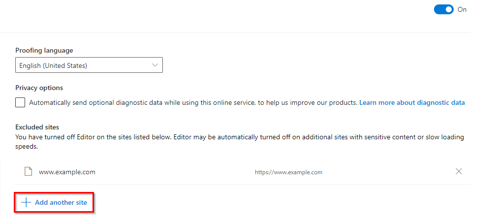 adding website exclusions to Microsoft Editor