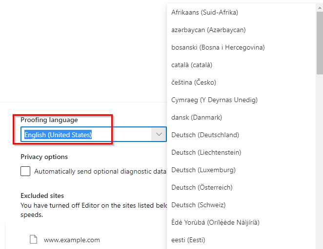 selecting another language for proof-reading in Microsoft Editor