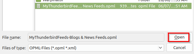 selecting an opml file to import existing feeds to QuiteRSS