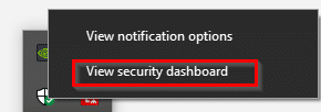 accessing Windows 10 security dashboard