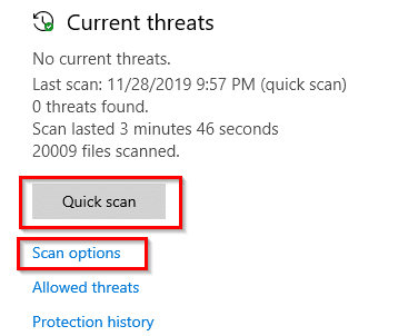 choosing quick scan using windows defender and other scan options