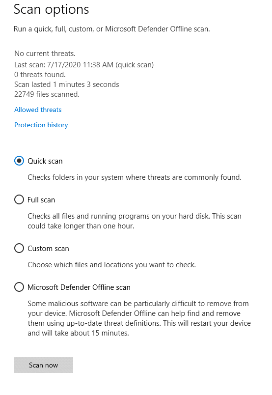 different scan options for microsoft defender