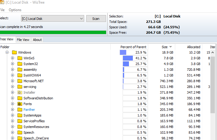 breakdown view of folders and files using WizTree