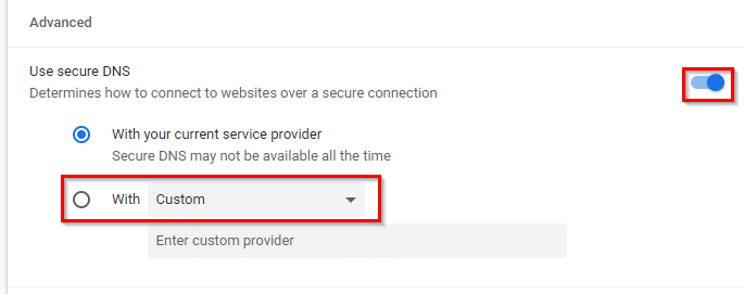 select secure dns with custom DNS providers
