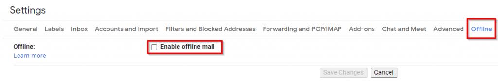 enable offline mode in Gmail settings