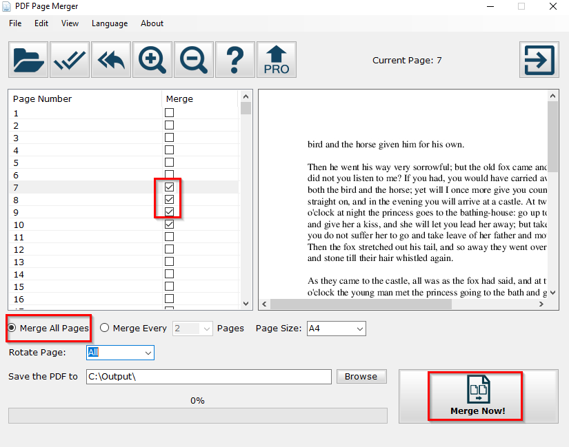 choosing pages to be merged using PDF Page Merger