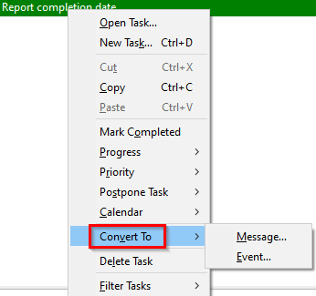 convert a task to event or message in Thunderbird