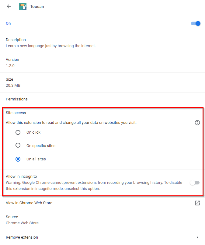 enabling Toucan on certain sites or all of them in Chrome