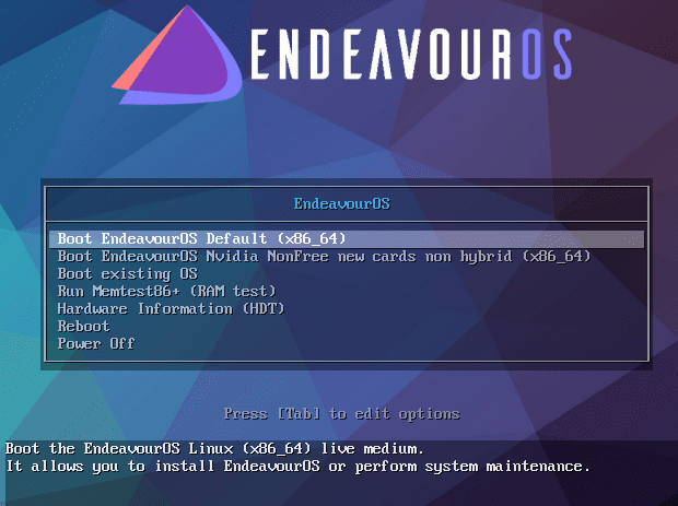 EndeavourOS live USB boot-up