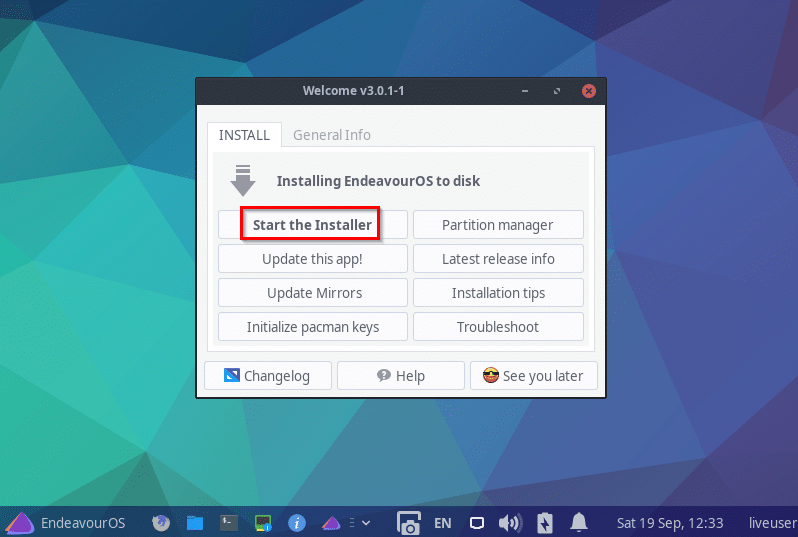 running the EndeavourOS installer