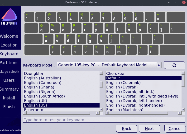 selecting keyboard type and layout