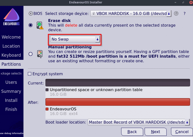 disk partitioning options during EndeavourOS installation