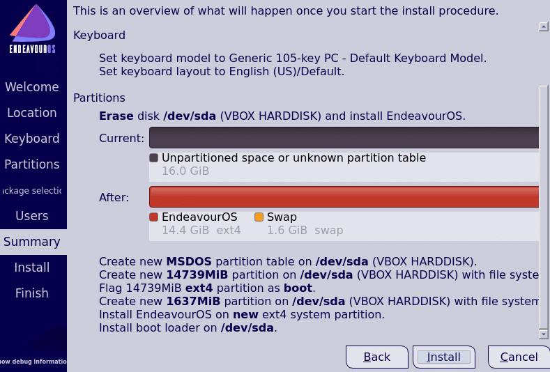 review and finalize installation settings for EndeavourOS