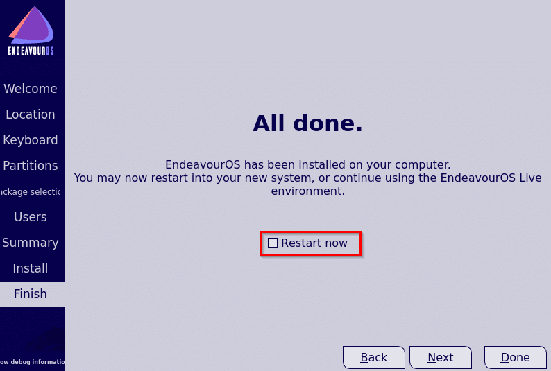 EndeavourOS installation completed