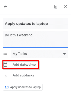 add a date and time for gmail task