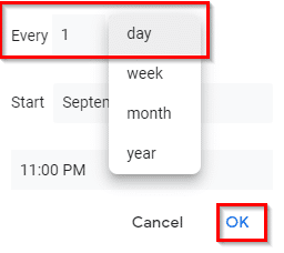 options to choose from for repeating tasks in gmail