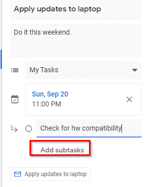 adding subtasks to the main task in gmail