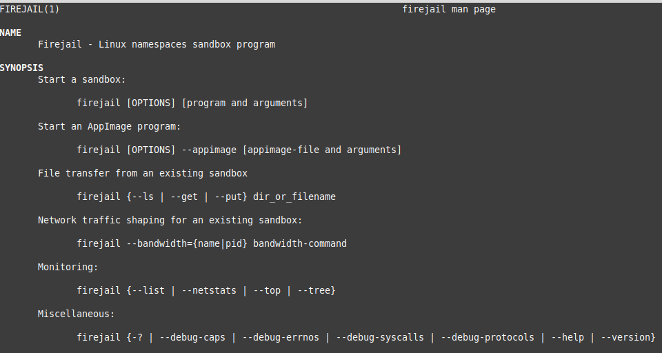 using the man command for knowing firejail syntax