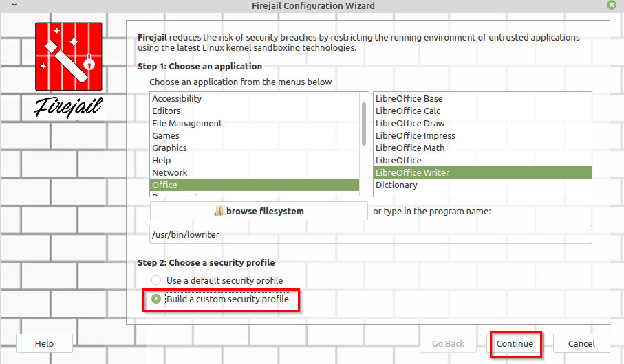 choosing apps to sandbox using Firetools configuration wizard