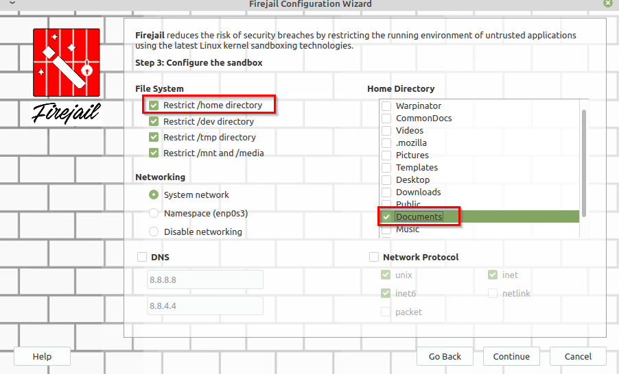 restricting home directory folders using Firetools configuration wizard