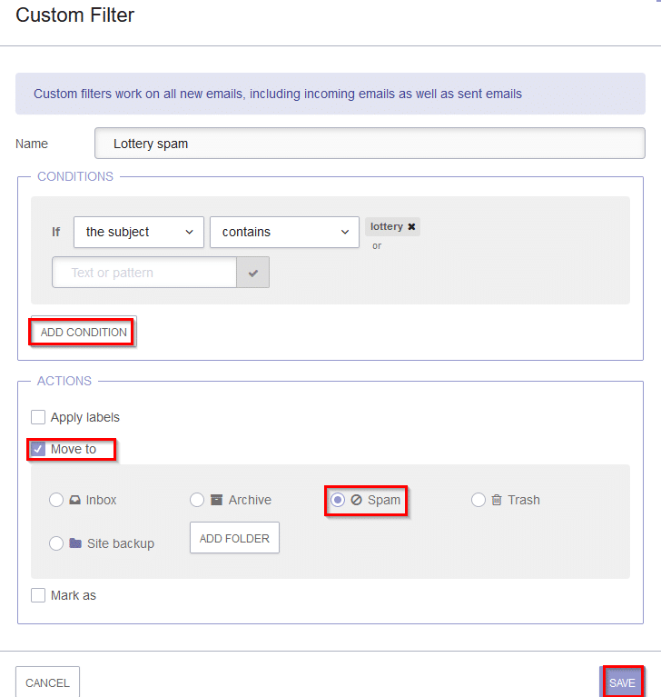 adding an action for met conditions in protonmail filter