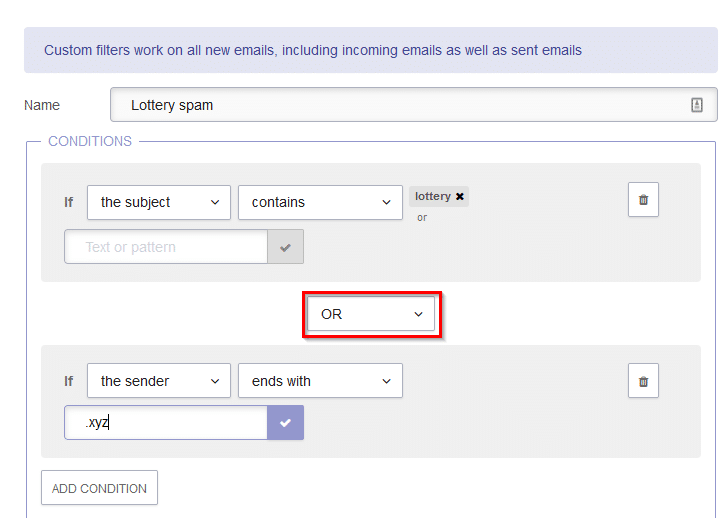 using the OR attribute for filter conditions in protonmail