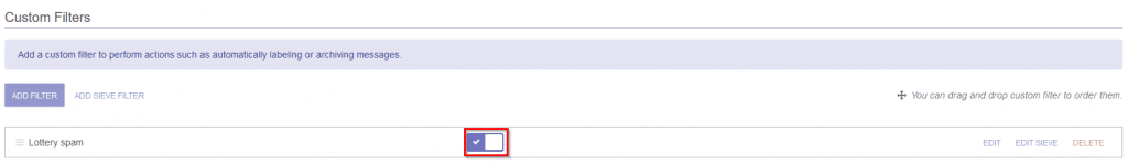 enabling or disabling protonmail filters