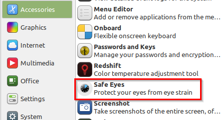 Safe Eyes in linux mint program menu