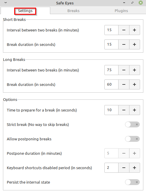 changing break interval settings for Safe Eyes