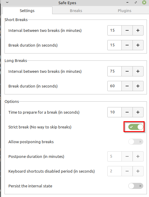 enabling strict break option in Safe Eyes