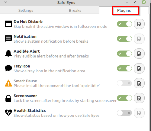 enabling and disabling various Safe Eyes plugins for notifications, alarms and more