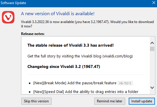 upgrading to Vivaldi version 3.3