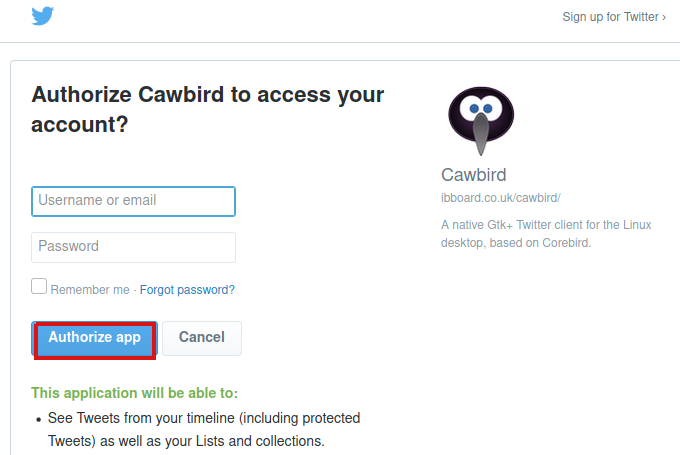 linking twitter account to Cawbird