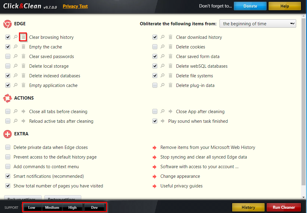 Click&Clean options for deleting Edge browser data