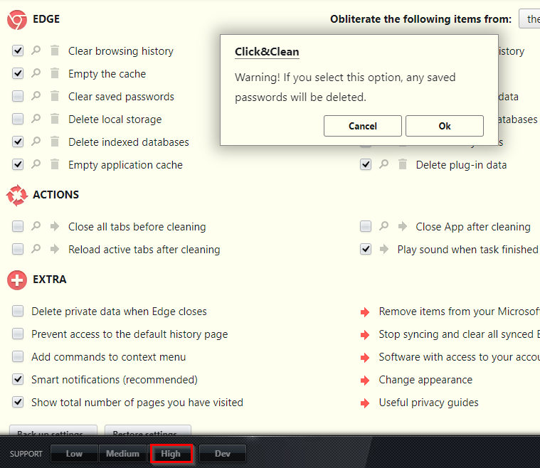 using the high mode to delete saved passwords in Edge using Click&Clean 