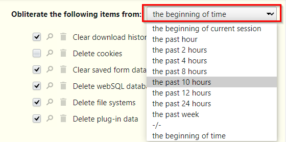 deleting browser data from a selected time period