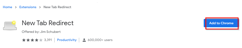 New Tab Redirect add-in in Chrome Web Store