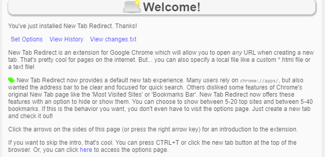 a brief description of New Tab Redirect after installing it