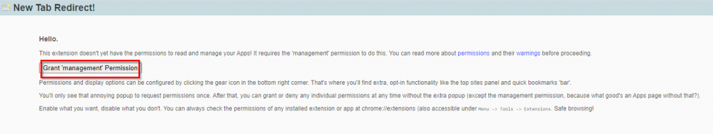 allowing Apps management permission to New Tab Redirect add-on in Chrome