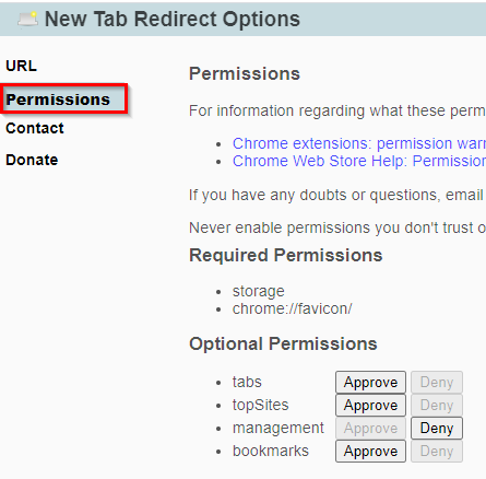 managing permissions for New Tab Redirect