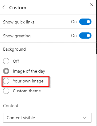 enable setting of using custom image for the new tab page in Microsoft Edge