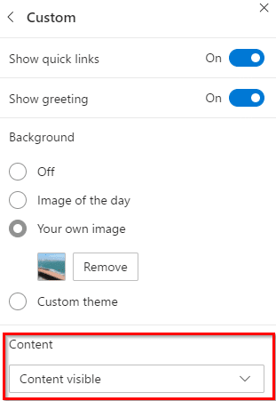 changing the new tab page content display options in Microsoft Edge