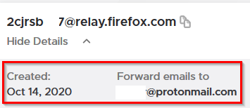 Firefox Relay alias details