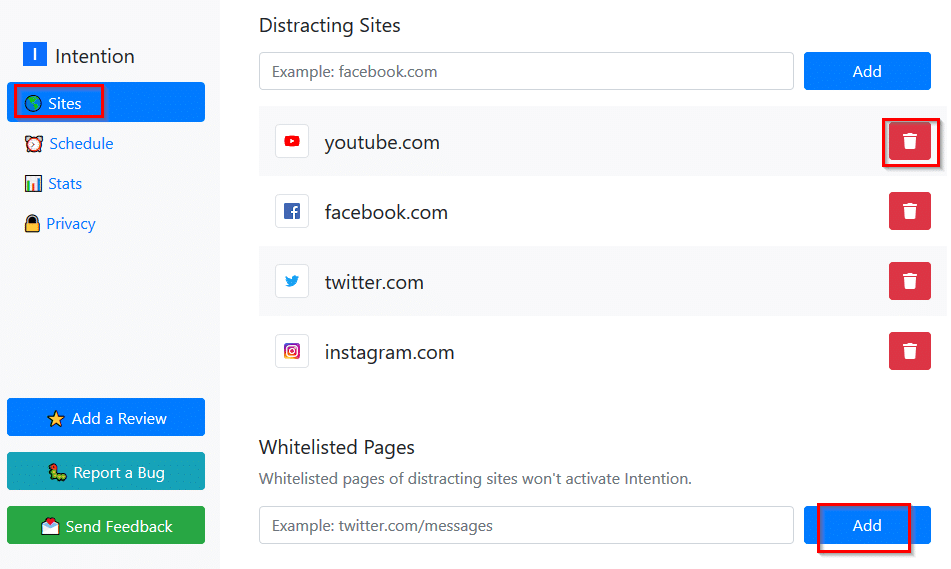 adding sites to restricted list or whitelisting them in Intention - Stop Mindless Browsing add-on