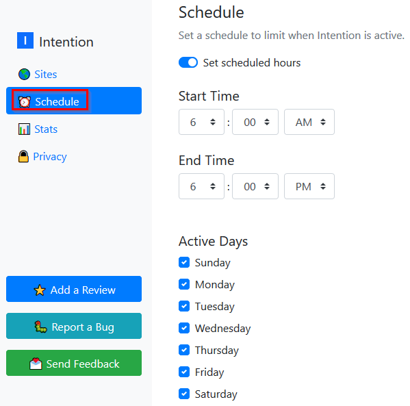 enabling scheduled hours for Intention - Stop Mindless Browsing add-on