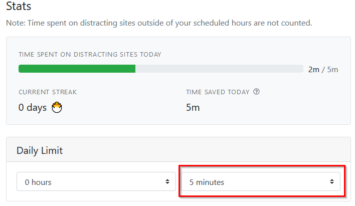 choosing a custom daily limit interval in Intention - Stop Mindless Browsing add-on