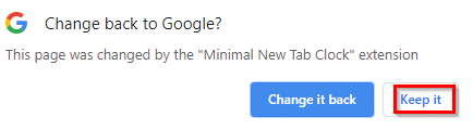 keeping the changes made to new tab page by Minimal New Tab Clock add-on