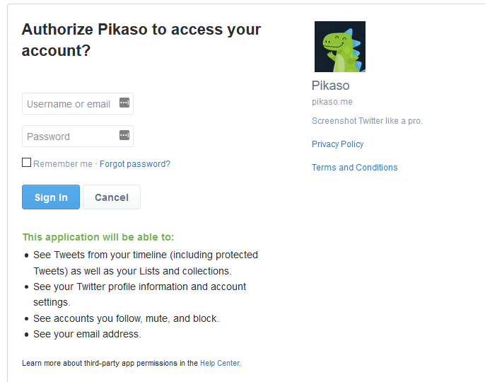 linking Twitter account to Pikaso