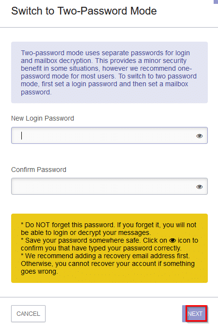 choosing a new login password for two password mode in protonmail 