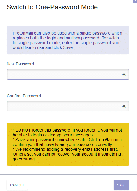 switching back to one-password mode in protonmail